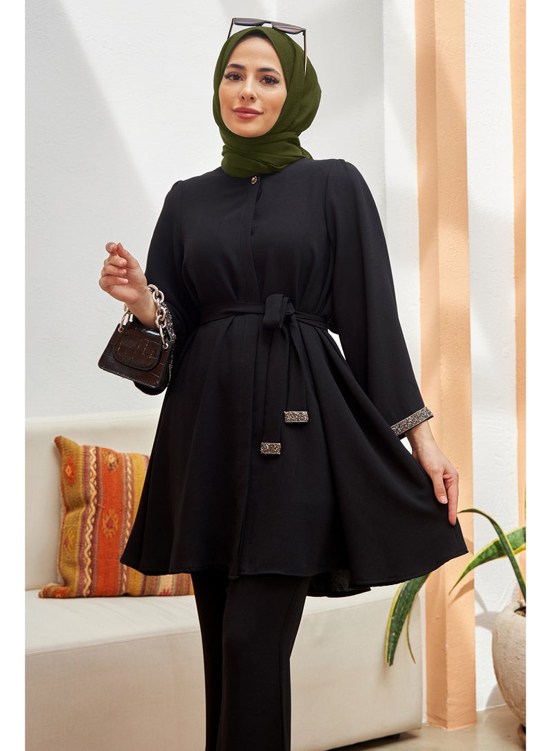 Women's 2-Piece Modest Muslim Fashion Set - Long Tunic Top & Flared Pants with Rhinestone Embellishments, Black - Image 1