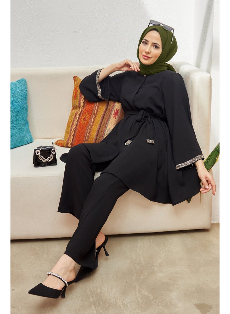 Women's 2-Piece Modest Muslim Fashion Set - Long Tunic Top & Flared Pants with Rhinestone Embellishments, Black - Image 2