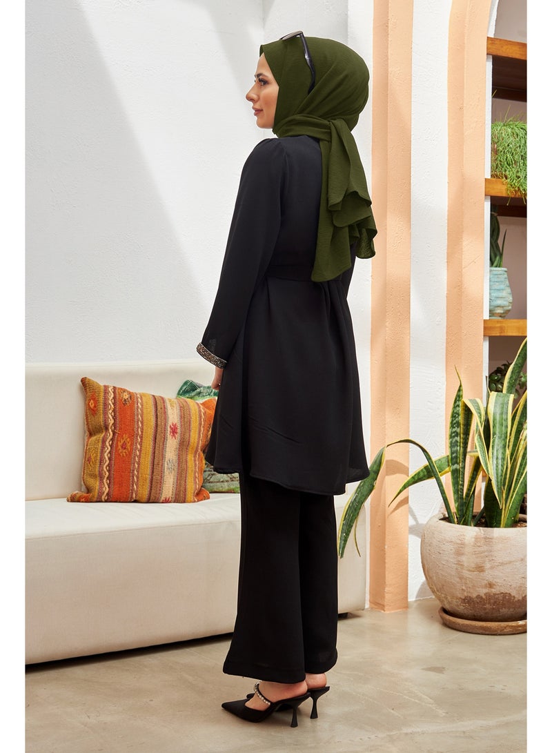 Women's 2-Piece Modest Muslim Fashion Set - Long Tunic Top & Flared Pants with Rhinestone Embellishments, Black - Image 4