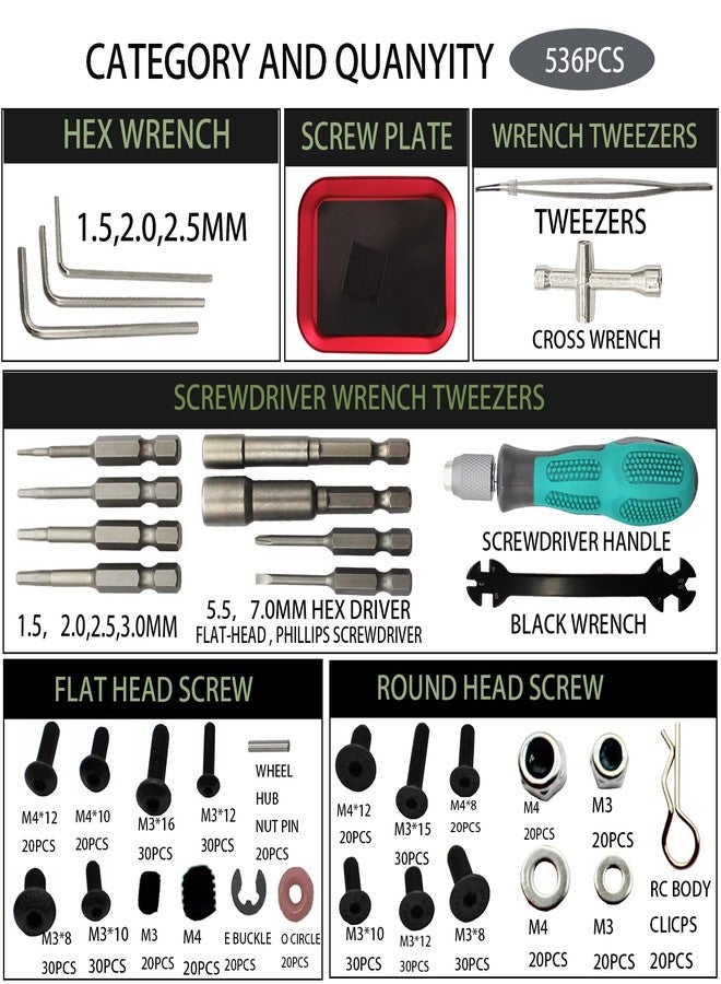 RC Lelut RC Car Repair Work Stand Repair Tool Set 360 Degree Rotation and 523PCS RC Screws Kit & RC Screwdrivers and Screws Pallet for 1/8 1/10 1/12 1/16 1/18 RC Crawler Truck Buggy Vehicle Scale Accessories - Image 4