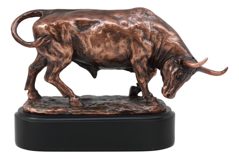 Ebros Wall Street Charging Bull Sculpture with Black Pedestal Base Made of Bronze Electroplated Resin As Metaphorical Bull Market Figurine for Financial Investors Stocks Portfolio Money Managers