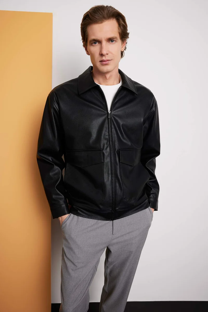 ديفاكتو Slim Fit Lined Zip-Up Faux Leather Jacket