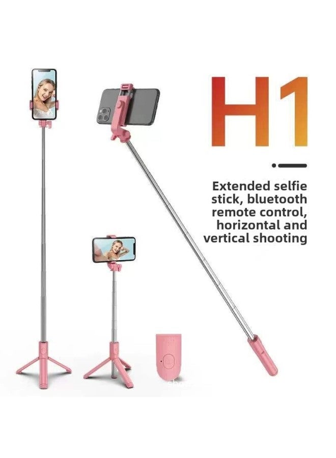 Mobile Phone Selfie Stick Extended Anti-shake Retractable Bluetooth Selfie With Beauty Light Remote Control Tripod Portable-Color:H1-Normal-Pink-Pull Up 1 M  - Image 1