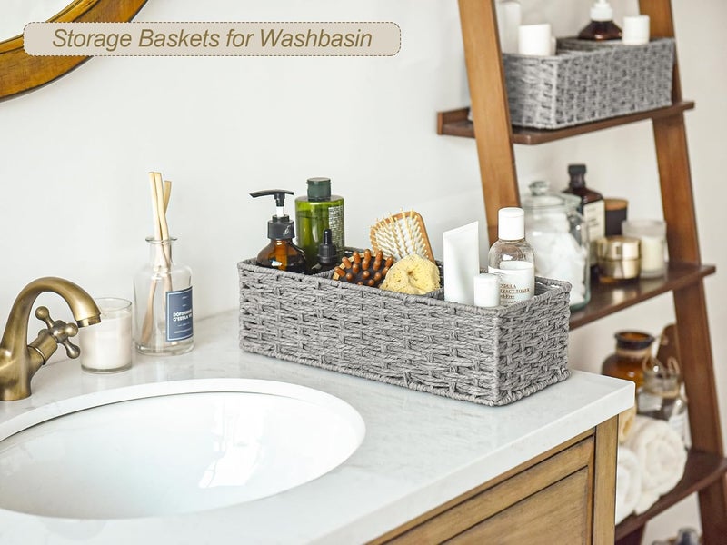 StorageWorks 3-Section Wicker Baskets for Shelves, Hand-Woven Round Paper Rope Storage Baskets, Gray, 2-Pack - Image 3