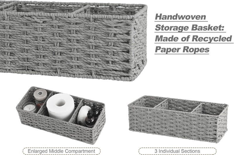 StorageWorks 3-Section Wicker Baskets for Shelves, Hand-Woven Round Paper Rope Storage Baskets, Gray, 2-Pack - Image 2