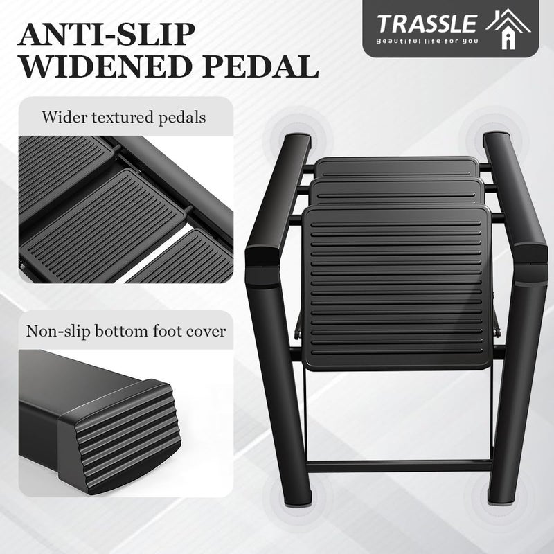 TRASSLE 3 Step Ladder, Sturdy 150kg Small Step Stool for Adults, Safer Full Steel Multi-use Kitchen Ladder for Home, Closet Step Stool Ladder with Anti-Slip Wide Pedals - Image 4
