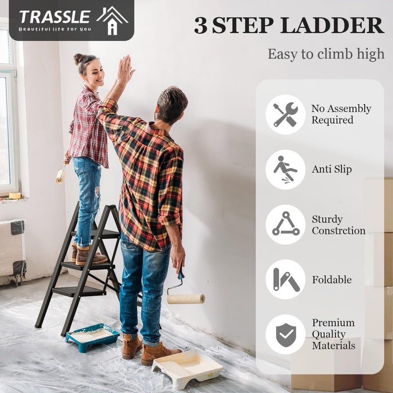 TRASSLE 3 Step Ladder, Sturdy 150kg Small Step Stool for Adults, Safer Full Steel Multi-use Kitchen Ladder for Home, Closet Step Stool Ladder with Anti-Slip Wide Pedals - Image 2