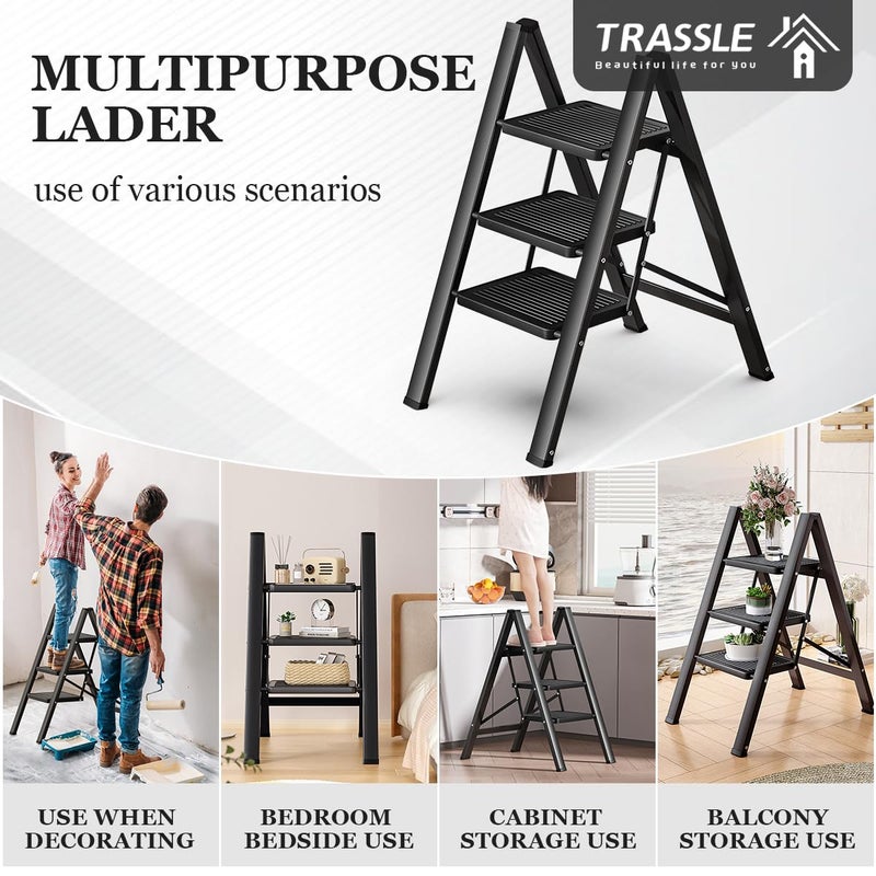 TRASSLE 3 Step Ladder, Sturdy 150kg Small Step Stool for Adults, Safer Full Steel Multi-use Kitchen Ladder for Home, Closet Step Stool Ladder with Anti-Slip Wide Pedals - Image 3