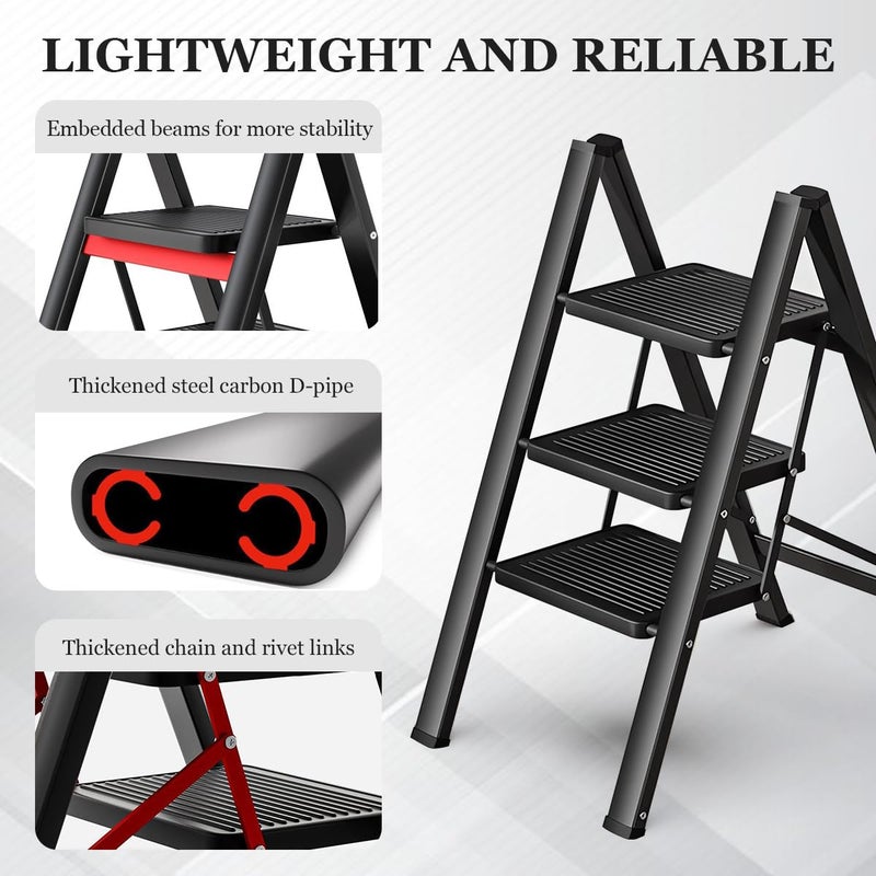 TRASSLE 3 Step Ladder, Sturdy 150kg Small Step Stool for Adults, Safer Full Steel Multi-use Kitchen Ladder for Home, Closet Step Stool Ladder with Anti-Slip Wide Pedals - Image 5