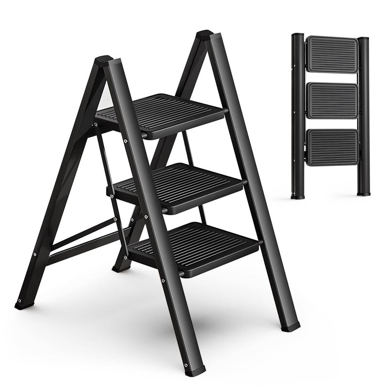 TRASSLE 3 Step Ladder, Sturdy 150kg Small Step Stool for Adults, Safer Full Steel Multi-use Kitchen Ladder for Home, Closet Step Stool Ladder with Anti-Slip Wide Pedals - Image 1