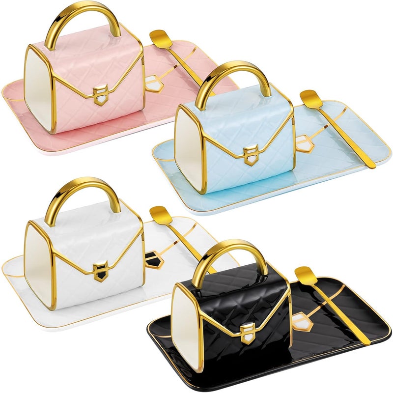 Sliner 4 Sets Coffee Mug Handbag Shaped Ceramic Tea Cup with Saucer Spoon 10 Oz/ 310 ml Purse Gift Mug for Office Home Coffee Tea Hot Chocolate Cappuccino(Classic) - Image 1