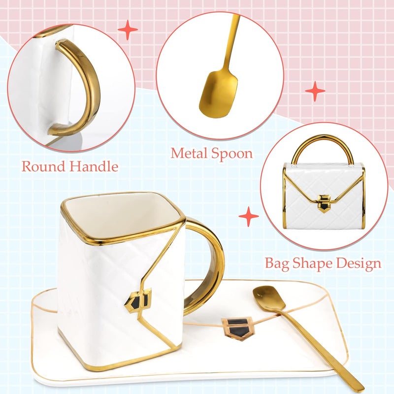 Sliner 4 Sets Coffee Mug Handbag Shaped Ceramic Tea Cup with Saucer Spoon 10 Oz/ 310 ml Purse Gift Mug for Office Home Coffee Tea Hot Chocolate Cappuccino(Classic) - Image 3