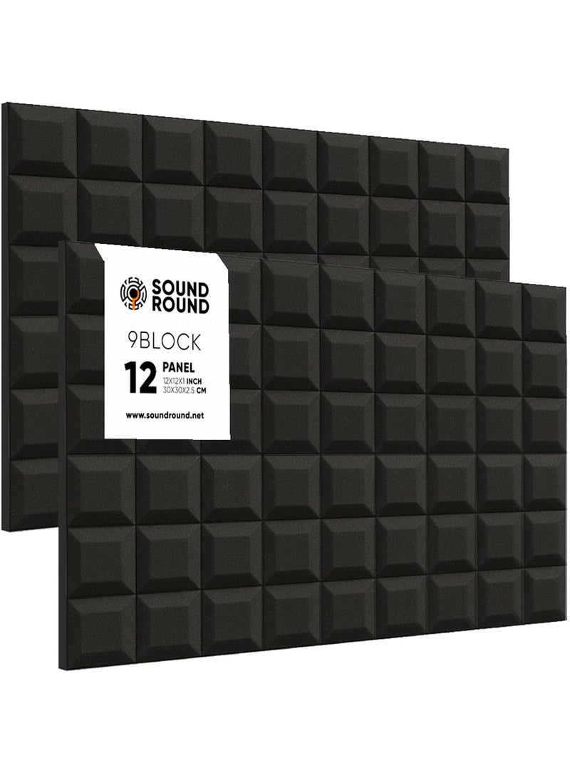 ساوند راوند ألواح الفوم الصوتي SoundRound مقاس 12×12×1 بوصة – عزل صوت احترافي بتصميم 9Block – للتحكم في الصدى ومعالجة السينما المنزلية – ألواح عالية الكثافة – لون رمادي داكن - Image 1
