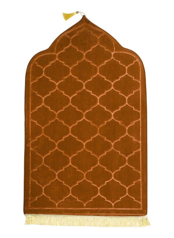 Embossed Prayer Mat Anti-Slip Velvet Top Islamic Prayer Mat Dome Style Thick Padded Sajadah Prayer Rug for Men Women Eid Gift Ramadan Light Brown 70x110 cm