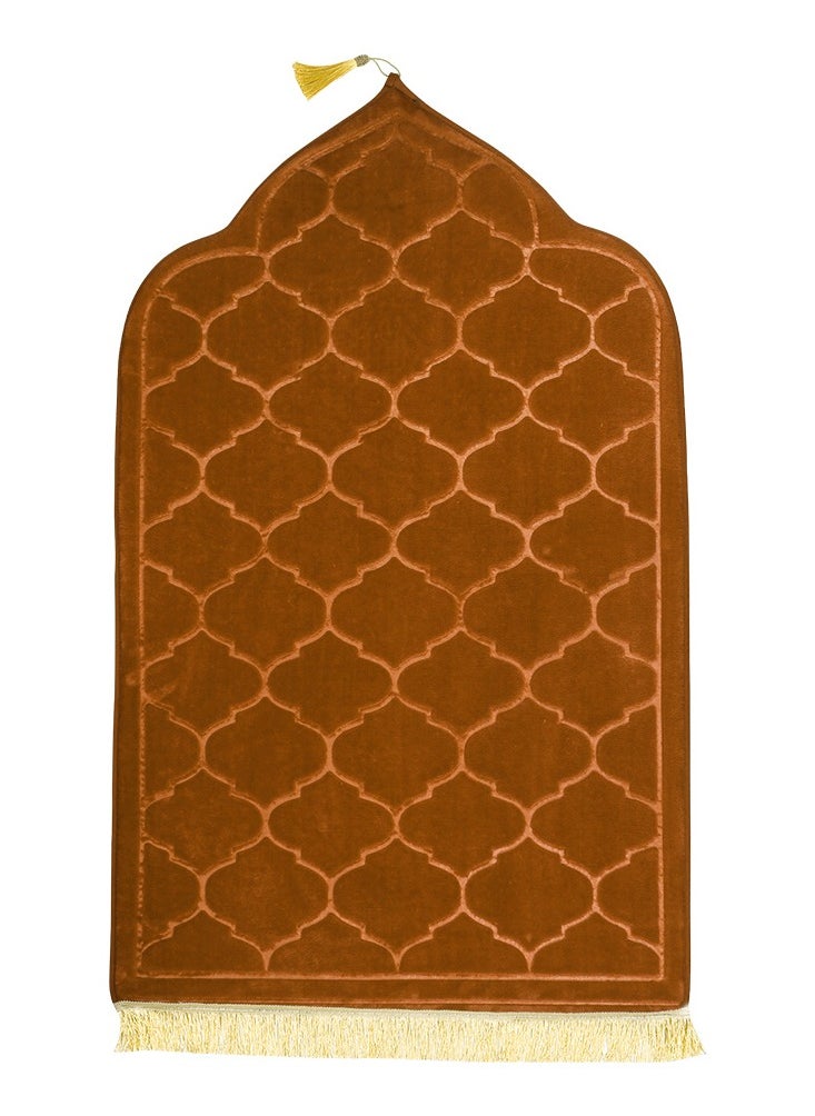 Fabienne Embossed Prayer Mat Anti-Slip Velvet Top Islamic Prayer Mat Dome Style Thick Padded Sajadah Prayer Rug for Men Women Eid Gift Ramadan Light Brown 70x110 cm  - Image 1