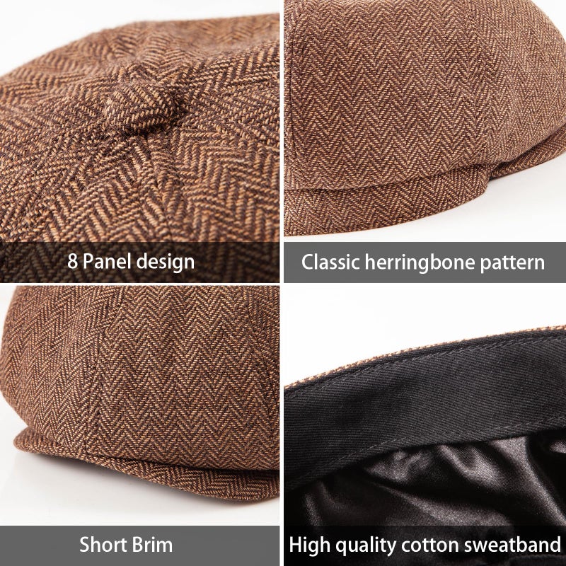 LADYBRO 2 Pack Men's 8 Panel Newsboy Flat Cap Herringbone Tweed Hat (Brown+Grey, XL/XXL) - Image 3