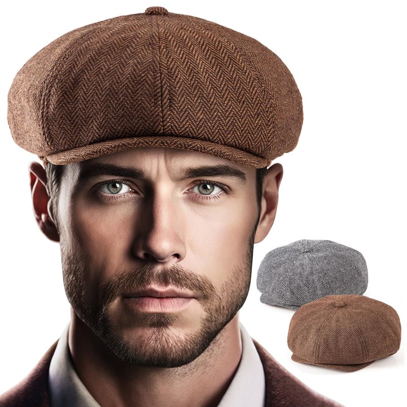 LADYBRO 2 Pack Men's 8 Panel Newsboy Flat Cap Herringbone Tweed Hat (Brown+Grey, XL/XXL) - Image 1