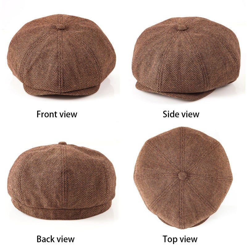 LADYBRO 2 Pack Men's 8 Panel Newsboy Flat Cap Herringbone Tweed Hat (Brown+Grey, XL/XXL) - Image 2