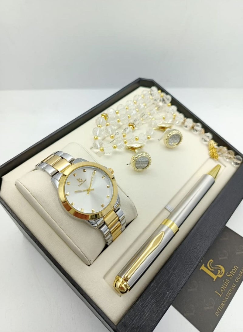 Louis Ston A high-quality, elegant men's watch gift set from Louis Ston, silver and gold bracelet with a white dial and date display - limited edition