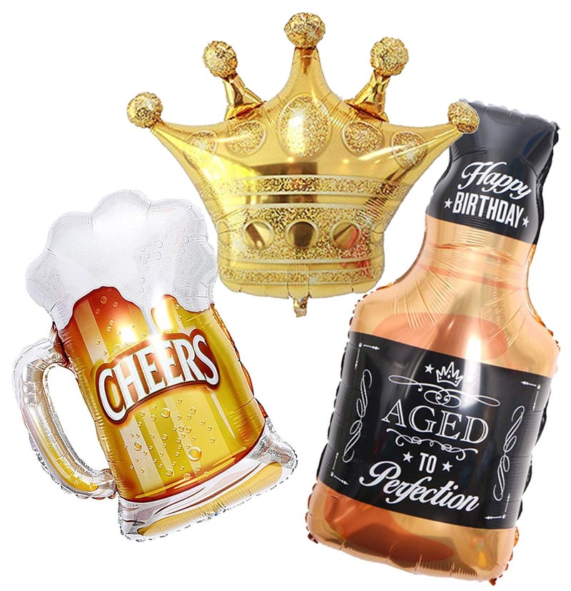 TOYXE Birthday Party Balloons, Beer Mug Whiskey Bottle Crown Giant Mylar Foil Balloons for Party Celebration Decoration Supplies set of 3 Golden - Image 1
