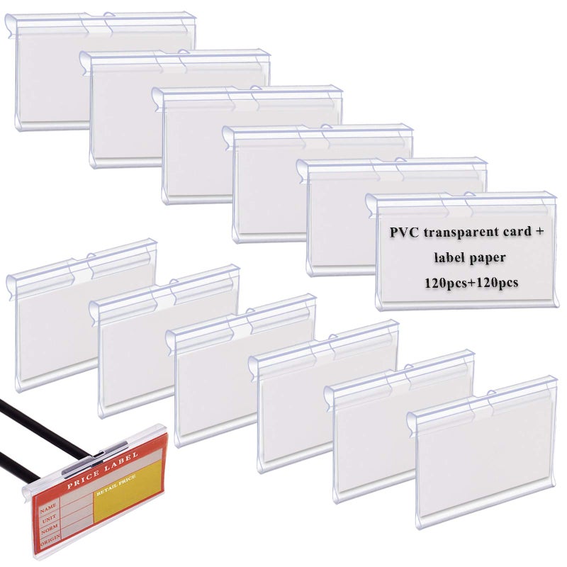 Aulufft 120PCS Clear Plastic Label Holders Clear Plastic Bin Clip Labels for Baskets Wire Shelf Price Card Tag, Aulufft Transparent Label Holder with 120pcs Paper Labels for Storage Bins (2.36 x 1.65 inches) - Image 1