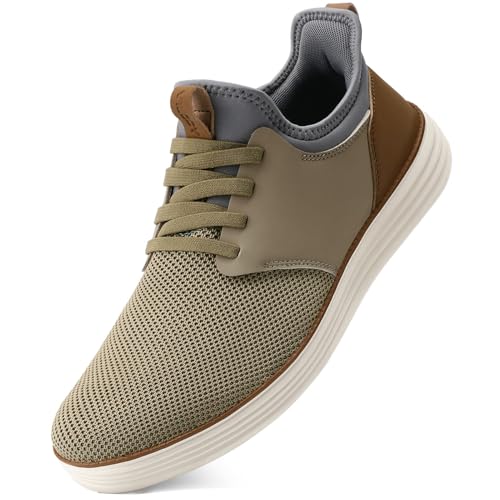 VILOCY Mens Slip On Casual Dress Shoes Hands Free Fashion Sneakers Mesh Tennis Walking Shoes Comfortable Work Shoes Breathable Lightweight Non Slip Khaki,EU40 - Image 1