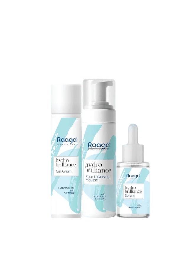 Raaga Professional Hydro Brilliance Skincare Combo | Face Cleansing Mousse 100ml + Multi Peptide Serum 30ml + Hyaluronic Gel Cream 55ml - Image 1