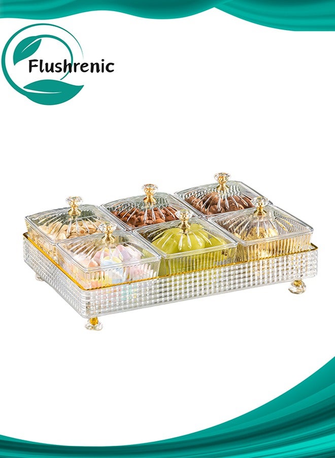 Flushrenic Snack Serving Tray with Lid 6 Clear Candy and Nut Serving Container set with Metal Rack, Plastic Appetizer Platter Relish Storage Organizer Plate Food Display Bowls for Vegetables Candy Fruit Dips - Image 1