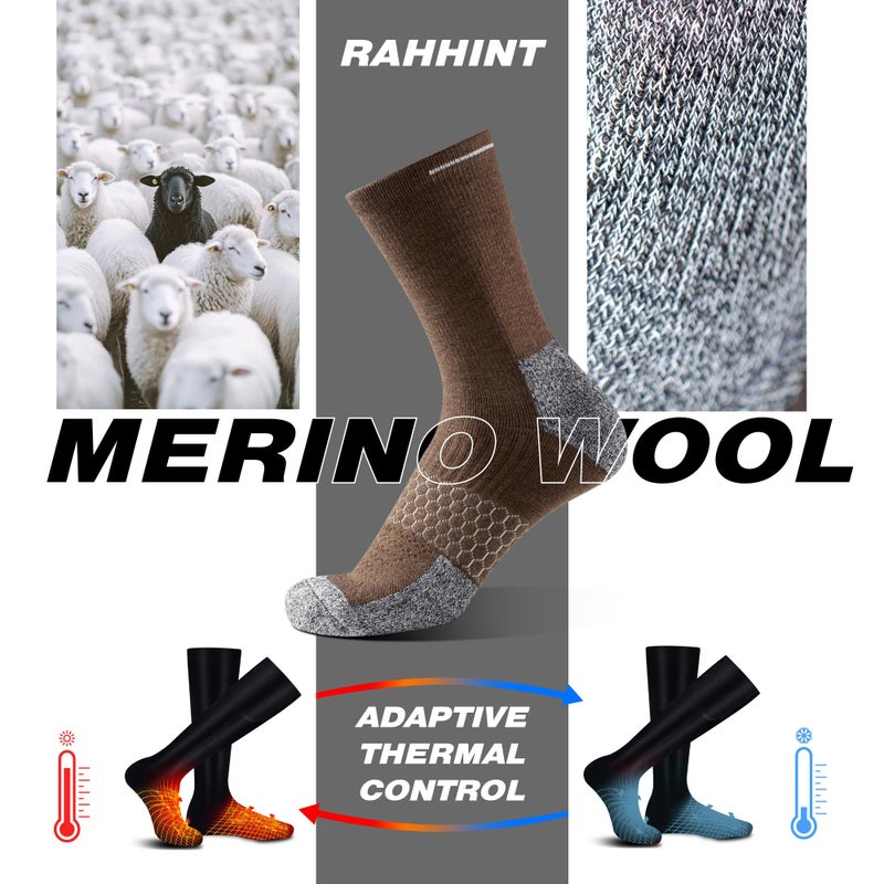 Rahhint Merino Wool Work Boot Socks 3 Pairs Durable Compression Moisture Wicking Anti Blister Cushion Crew Hiking Running Socks - Image 3