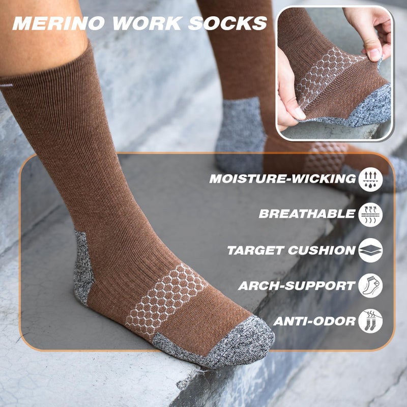 Rahhint Merino Wool Work Boot Socks 3 Pairs Durable Compression Moisture Wicking Anti Blister Cushion Crew Hiking Running Socks - Image 4