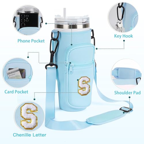 Aganmi Water Bottle Holder Bag with Strap for Stanley 40 oz Tumbler with Handle,Glitter Letter Crossbody Water Bottle Carrier Bag with Phone Pocket for Travel Hiking Picnic Accessories (Blue M) - Image 4