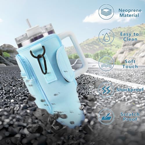 Aganmi Water Bottle Holder Bag with Strap for Stanley 40 oz Tumbler with Handle,Glitter Letter Crossbody Water Bottle Carrier Bag with Phone Pocket for Travel Hiking Picnic Accessories (Blue M) - Image 5