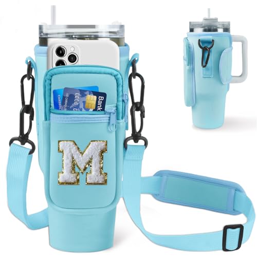 Aganmi Water Bottle Holder Bag with Strap for Stanley 40 oz Tumbler with Handle,Glitter Letter Crossbody Water Bottle Carrier Bag with Phone Pocket for Travel Hiking Picnic Accessories (Blue M) - Image 1