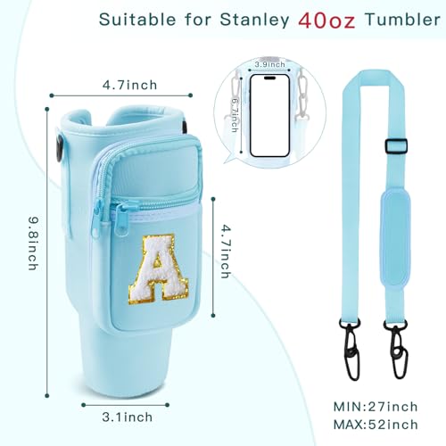 Aganmi Water Bottle Holder Bag with Strap for Stanley 40 oz Tumbler with Handle,Glitter Letter Crossbody Water Bottle Carrier Bag with Phone Pocket for Travel Hiking Picnic Accessories (Blue M) - Image 3