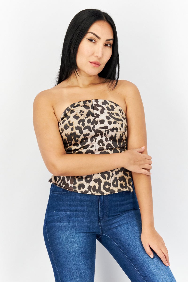 ASOS بلوزة كورسيه بدون حمالات بطبعة حيوانات للنساء، سوداء - Image 1