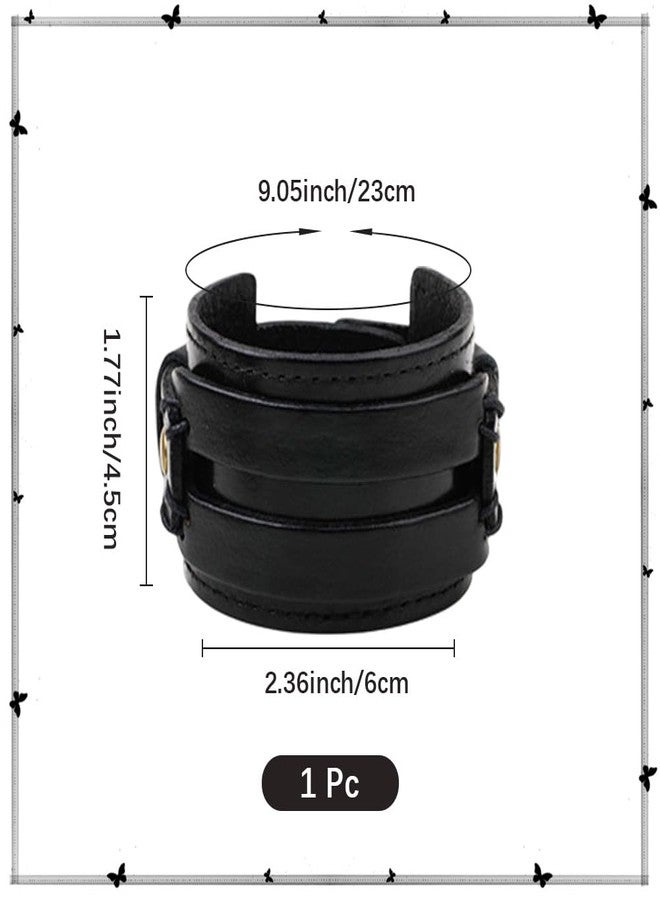 CALFOVERA Punk Genuine Leather Cuff Bracelet Black Adjustable Cowhide Leather Wrap Wristband with Snap Button Clasp Wide Handmad Gothic Bangle Arm Armor for Men Women Halloween Costume Party - Image 2