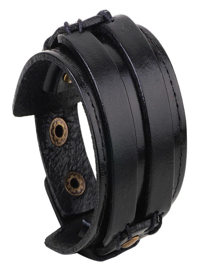 CALFOVERA Punk Genuine Leather Cuff Bracelet Black Adjustable Cowhide Leather Wrap Wristband with Snap Button Clasp Wide Handmad Gothic Bangle Arm Armor for Men Women Halloween Costume Party - Image 1
