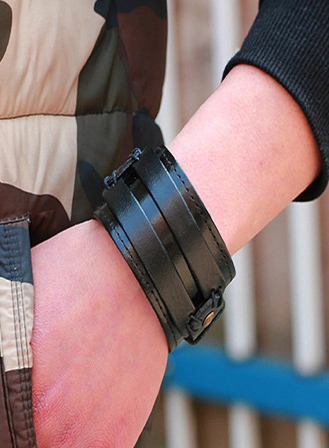 CALFOVERA Punk Genuine Leather Cuff Bracelet Black Adjustable Cowhide Leather Wrap Wristband with Snap Button Clasp Wide Handmad Gothic Bangle Arm Armor for Men Women Halloween Costume Party - Image 5