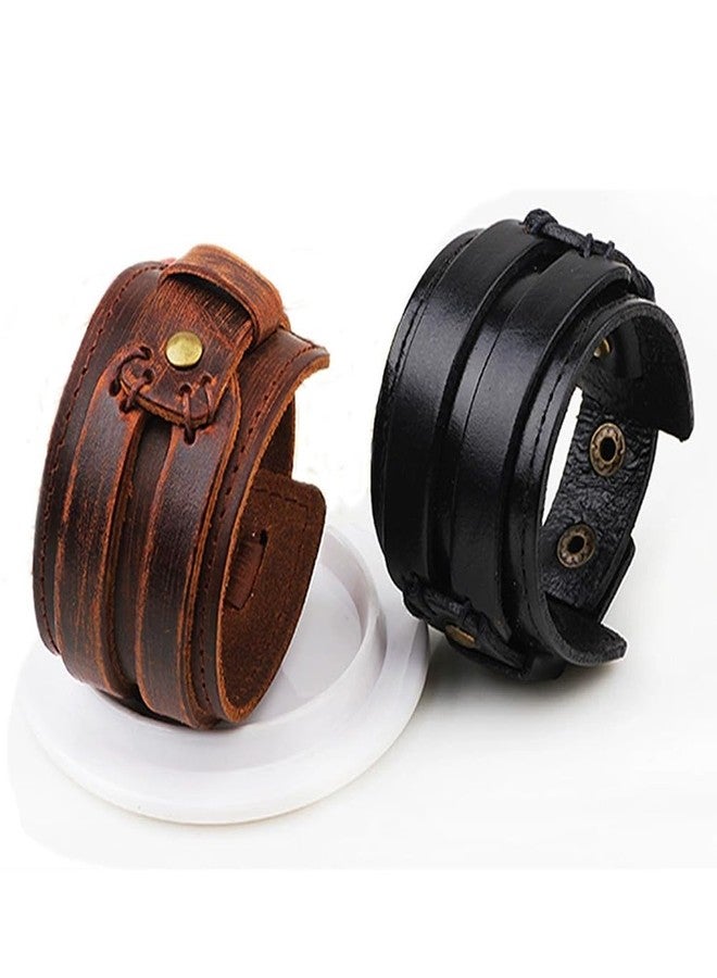 CALFOVERA Punk Genuine Leather Cuff Bracelet Black Adjustable Cowhide Leather Wrap Wristband with Snap Button Clasp Wide Handmad Gothic Bangle Arm Armor for Men Women Halloween Costume Party - Image 3