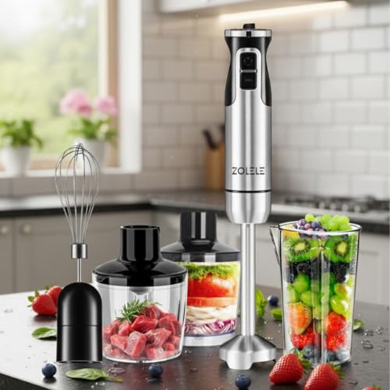 4-in-1 immersion hand blender for kitchen use, stainless steel and ABS plastic, grey, 800W motor with 20 speeds and low noise - Image 3