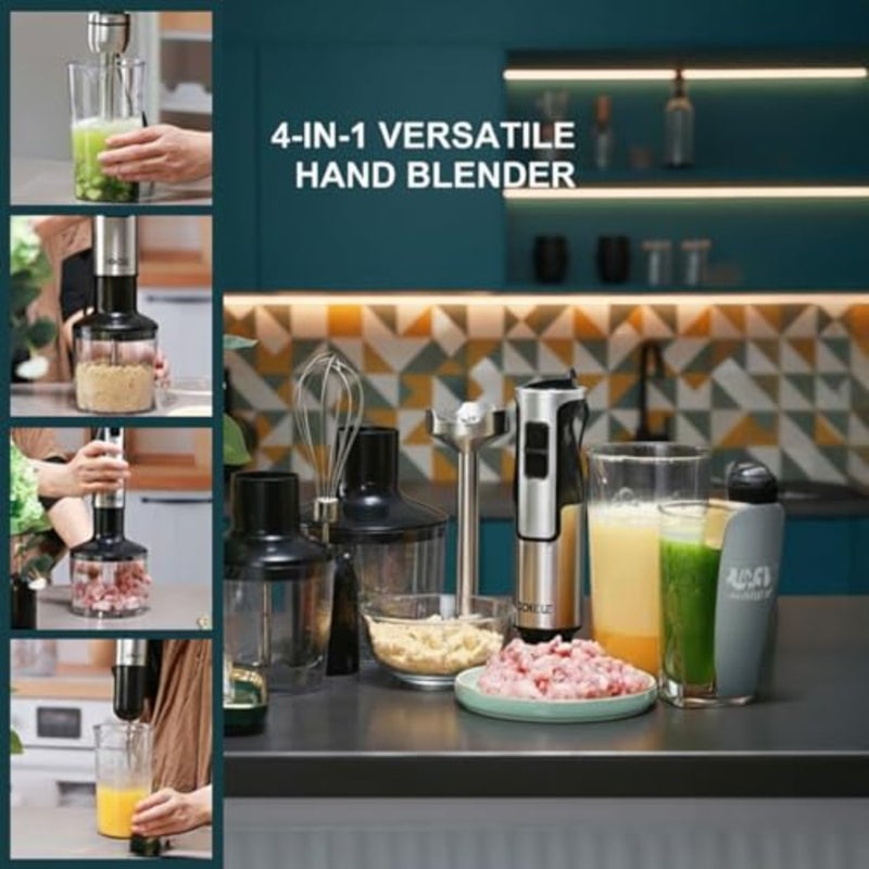 4-in-1 immersion hand blender for kitchen use, stainless steel and ABS plastic, grey, 800W motor with 20 speeds and low noise - Image 2