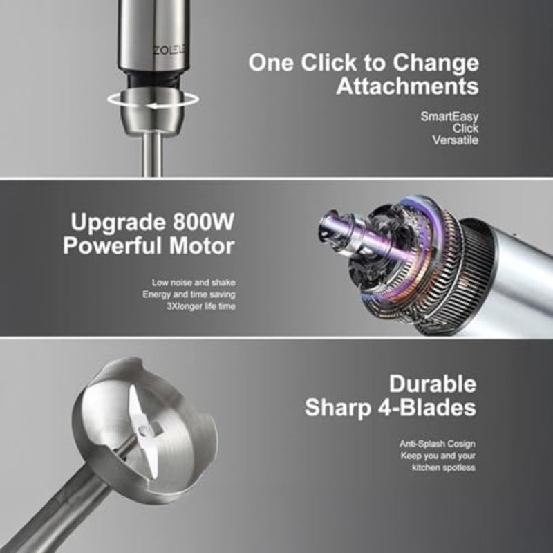 4-in-1 immersion hand blender for kitchen use, stainless steel and ABS plastic, grey, 800W motor with 20 speeds and low noise - Image 5