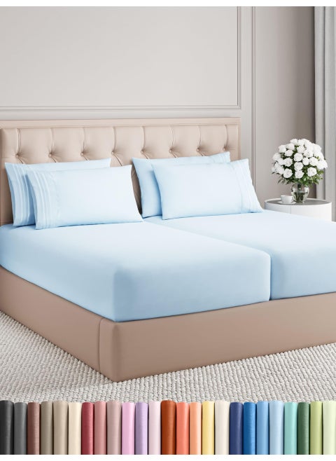 Split King 7 Piece Sheet Set  Comfy Breathable  Cooling  Soft Hotel Luxury Bedding Set with 816 Inch Deep Pockets  1 Flat  2 Fitted Sheet  4 Pillowcases  Wrinkle Free  Easy Care  Baby Blue