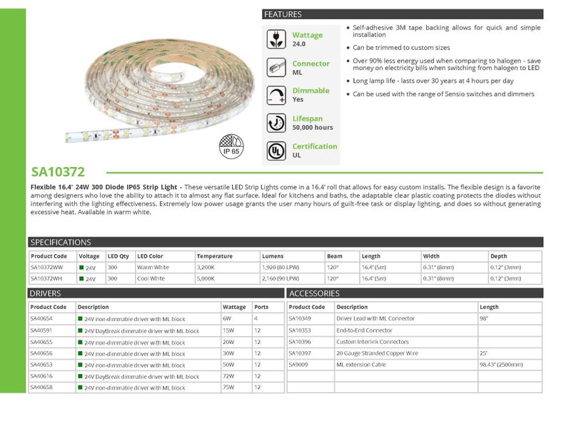 Transolid SA10372WH Sensio LED 24V 24W 300D Ip65 Flexible Strip Light, 196.85", Warm White - Image 2