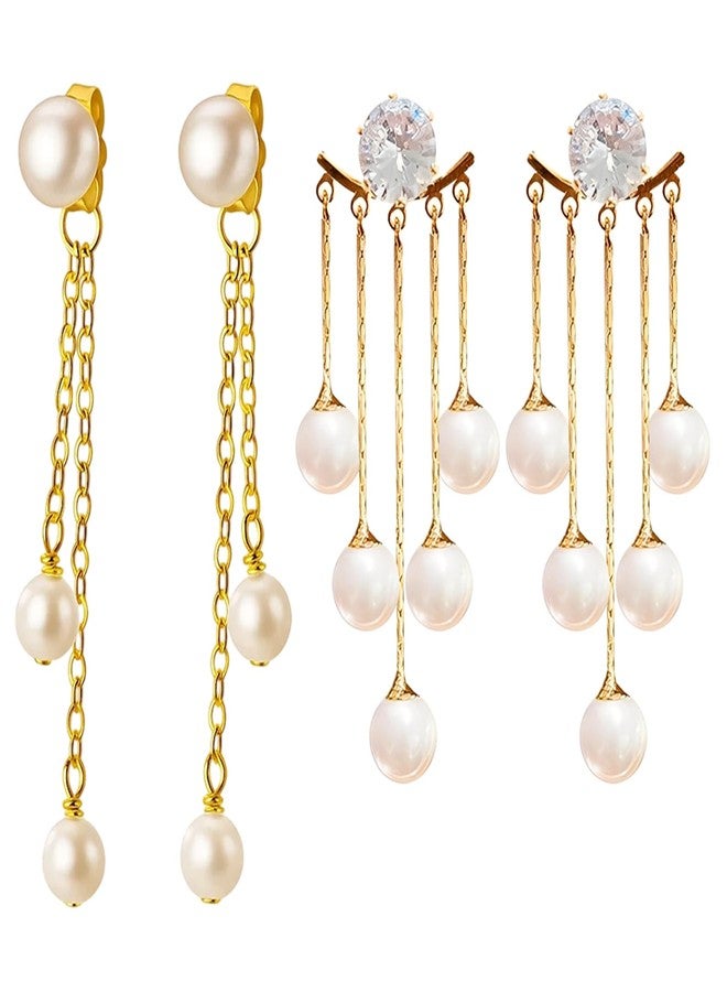 Aeenioy 2 Pairs Pearl Earrings for Women, Stylish Long Drop Pearl Earrings, Elegant Tassel Dangle Earrings for Weddings, Parties and Daily Fashion - Image 1