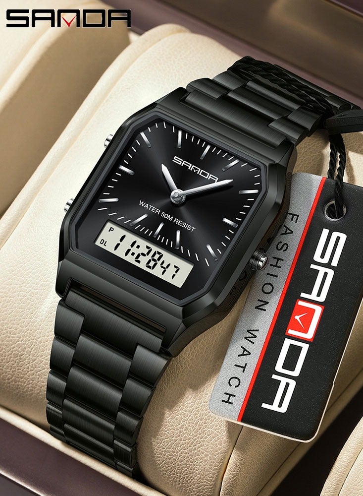 SANDA Luxury Mens G Style Watches Stainless Steel Women LED Digital Dual Display Clock Unisex Waterproof Sports Quartz Watch - Image 1