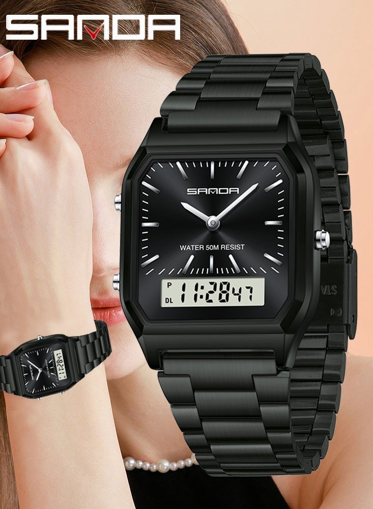 SANDA Luxury Mens G Style Watches Stainless Steel Women LED Digital Dual Display Clock Unisex Waterproof Sports Quartz Watch - Image 2