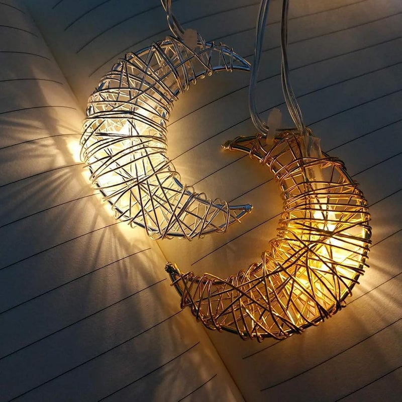 أن.سي مصباح NC Light Post، مصنوع يدويًا، على شكل قمر مصنوع من الأسلاك، مضيء بتقنية LED، لعيد الفطر، رمضان، إسلامي، ببطارية ذهبية - Image 3