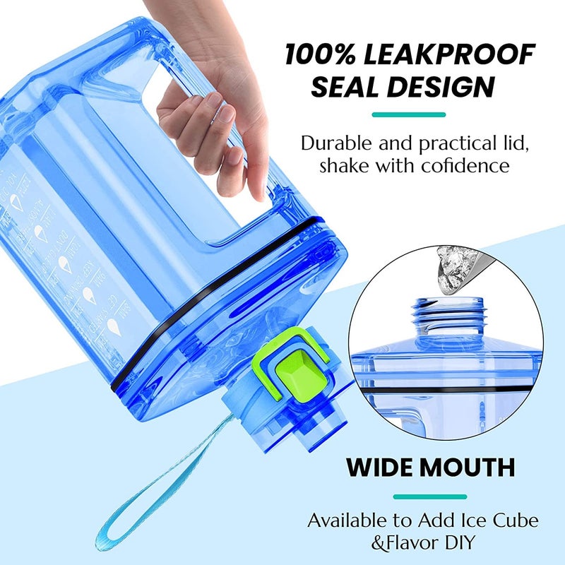 RIANZ Motivational Sports 2.2 L Gallon Water Bottle, BPA Free Double Leak Protection, Large Capacity (Transparent Blue, Polypropylene, Pack of 1) - Image 4