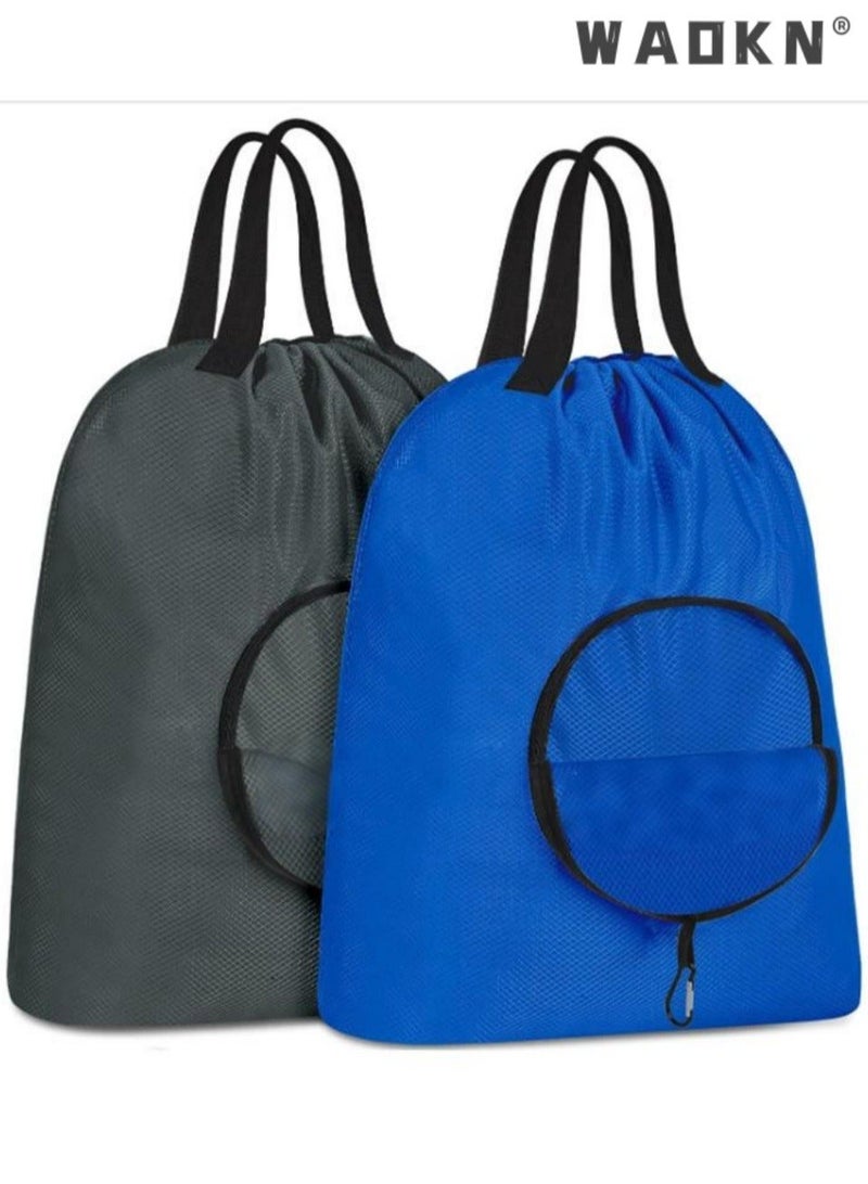 WAOKN 2 Piece Travel Laundry Bags, Travel Dirty Laundry Bags with Handles, Travel, Camping, Fitness Carabiner Foldable Laundry Bags for Students,, Foldable Collapsible Laundry Pouch for Camping/Gym/Dorm, Portable Wash Bag, Foldable Drawstring Bags, Tear Resistant Small Laundry Bag, Storage Bag for Dirty Clothes Toys Shoes Camping Outdoor (Blue + Dark Grey) - Image 1